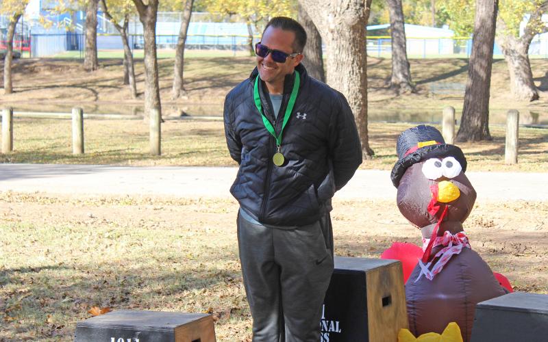 (KYLIE BAILEY | THE GRAHAM LEADER) The male 40 to 49 winner in the Spivey Hill Challenge 5K race. Derek Wuthrich was the winner of the age category.