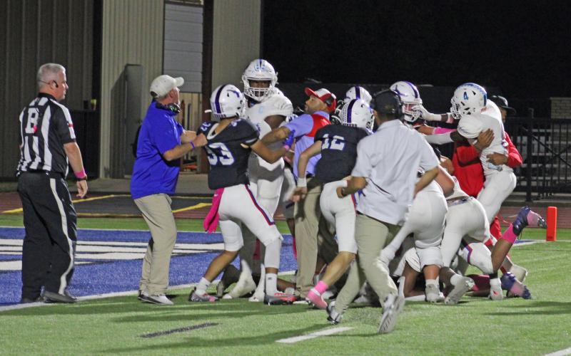 (MIKE WILLIAMS | THE GRAHAM LEADER) A fight broke out late in the third quarter Friday night leading to the suspension of the district opener between the Graham Steers and Hirschi Huskies on Newton Field.