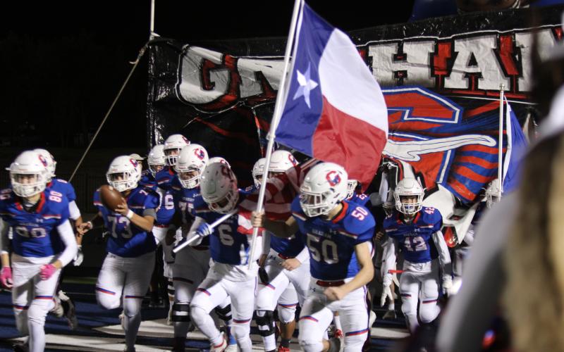The Steers take the field for their 59-0 bi-district victory over Hillsboro on Thursday night.