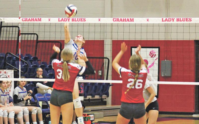 (MIKE WILLIAMS | THE GRAHAM LEADER) Annemarie McHenry (10) led the Lady Blues junior varsity with six kills and one block during their Tuesday, Oct. 18 loss to Glen Rose at Graham High School. The JV schedule comes to a close Tuesday, Oct. 25 at Stephenville High School.