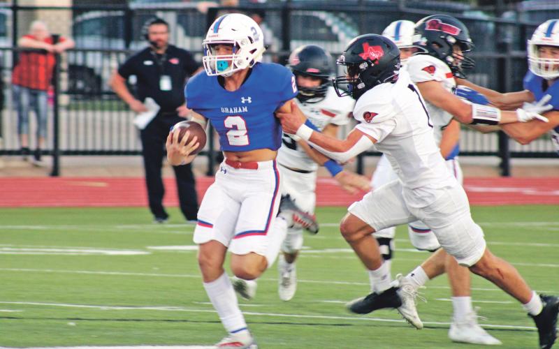 (MIKE WILLIAMS | THE GRAHAM LEADER) Steers running back Rylan Monsey earned District 3-4A Division II Offensive Newcomer of the Year by district coaches for his play this season. Monsey, a sophomore, finished the four-game district schedule with 344 rushing yards, 135 receiving yards and three total touchdowns.