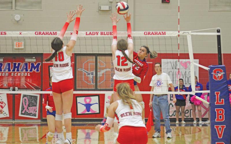(MIKE WILLIAMS | THE GRAHAM LEADER) Lady Blues senior Olga Moralles swings for a kill during the first set of the Lady Blues’ 25-2, 25-12, 25-14 loss to No. 23 Glen Rose Tuesday, Oct. 18 at Graham High School. Morales finished the match with nine kills, one block, one assist and one ace. The Lady Blues (26-12, 4-3 district) will close the district schedule Tuesday, Oct. 25 at Stephenville High School against the Honeybees.