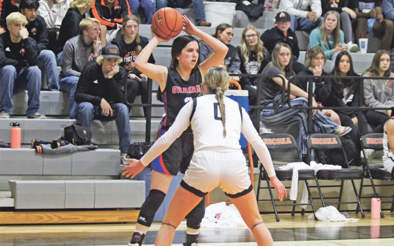 (CONTRIBUTED PHOTO | MELANIE WENNINGER) Lady Blues senior Erica Popplewell led the Lady Blues with eight points during her team’s 72-24 loss Friday, Nov. 18 against Nocona at Nocona High School. Popplewell scored all eight points in the first half, including two 3-pointers.