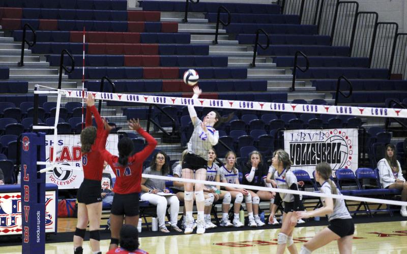 (MIKE WILLIAMS | THE GRAHAM LEADER) Kimber Pratt scored three kills on four attempts during the Lady Blues' 2-1 loss against Abilene Cooper JV Tuesday evening at Graham High School.