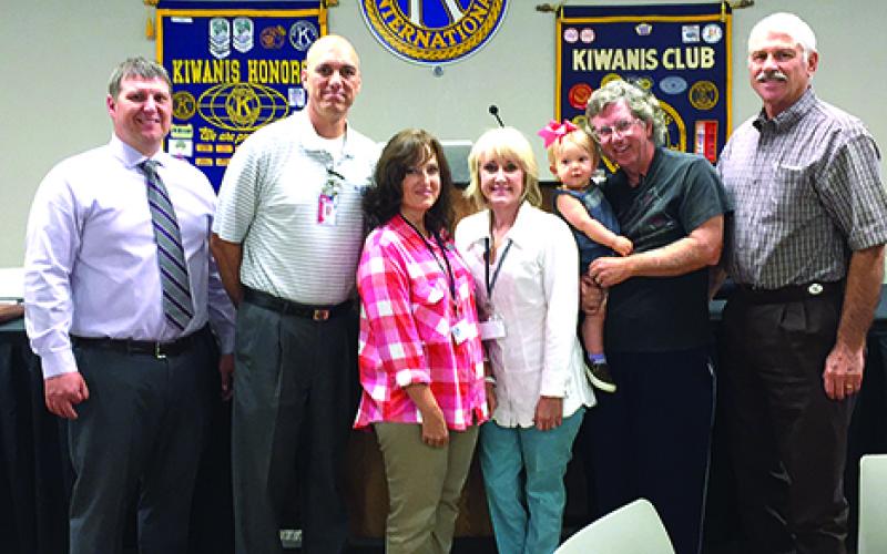 Shown during the Graham Kiwanis Club installation of 2017 officers are, l-r: Past President Kyle Anderson, Treasurer Shannon Bozeman, Secretary Julie Erb, President-elect Bridget Barnhill, President Gary Riley, and Director John Paclik.  Courtesy photo