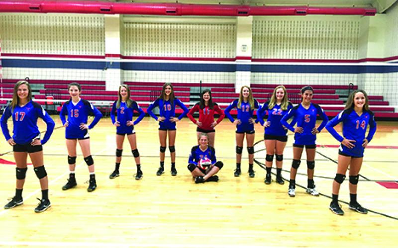 From left, Marilyn Milton, Leah Hollingsworth, Ashton Reese, Addison Kimberling, Sarah Sanders, (sitting) Edith Branch, Hannah Isom, Lilly Gregory, Aubrey Iles and Morgan Patterson make up the Graham Junior High 8th grade A team that will compete at the Graham Junior High volleyball tournament on Saturday, Oct. 1. (Courtesy photo)