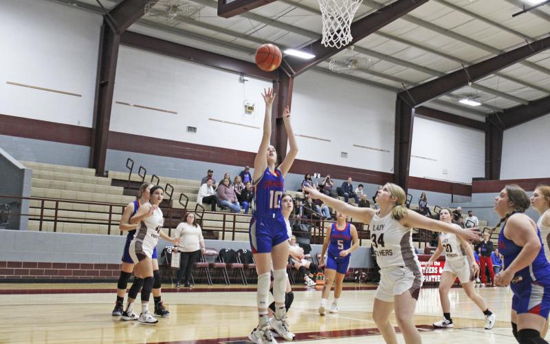 (MIKE WILLIAMS | THE GRAHAM LEADER) Evie Wenninger contributed nine first-half points to the JV Red Lady Blues during their 26-25 win Tuesday in Seymour.