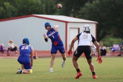 (THOMAS WALLNER | THE GRAHAM LEADER) Walker Bennett runs in for a touchdown against Dallas Life Oak Cliff at the Mineral Wells State Qualifying Tournament for 7on7 held Friday, May 22. The Steers beat Dallas Life Oak Cliff, Godley, Krum and Stephenville to advance to the state tournament in June.