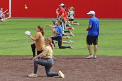 (ARCHIVE PHOTO | THE GRAHAM LEADER) The Lady Blues practice throwing mechanics at softball camp in 2025. The camp will take off next week from May 26-28 at Hogan Field.
