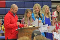 (TC GORDON | THE GRAHAM LEADER) Head girls basketball coach Kyle Wood speaks about his team before presenting awards during the GHS spring sports banquet held Tuesday, May 14. Athletes from all winter and spring sports were honored for their efforts this year.