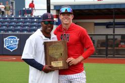 (LINSEY TAYLOR | CONTRIBUTED PHOTO) Former Graham Steer Ryder Taylor poses with his head coach Mack Chambers at Seminole State College after securing a spot in the NJCAA Division I JUCO World Series.