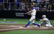 (ALEX HAVARDANSKY | THE GRAHAM LEADER) Tripp Mahaney makes contact with a pitch Thursday, May 22 for a base hit. Mahaney led a potential scoring opportunity in the bottom of the sixth. 