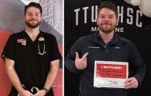 (AUSTIN RODGERS | CONTRIBUTED PHOTOS) Shown at right, Austin Rodgers receives his hospital assignment after graduation on match day 2025. Rodgers is currently recovering from two cases of cauda equina syndrome and continues to look for community support during this time. 