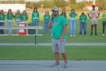 (ALEX HAVARDANSKY | THE GRAHAM LEADER) Isiah Archer provides remarks about the Bobcats football team Thursday, Aug. 7. Archer serves the football team as head coach.