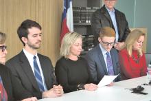 (ARCHIVE PHOTO | THE GRAHAM LEADER) The families and survivors of Kendrex White’s stabbing spree speak to the media after the judge’s ruling of not guilty by reason of insanity in December 2018. Shown from left to right are former Travis County District Attorney Margaret Moore, Harrison’s brother and mother John and Lori Brown, survivor Stuart Bayliss and his parents Shellane and Paul Bayliss.