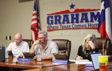 (THOMAS WALLNER | THE GRAHAM LEADER) Members of the Graham City Council listen to a presentation from City Manager Eric Garretty regarding the upcoming fiscal year budget in February. The council took no action Thursday, April 30 to change the city council meeting time and date.