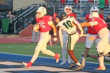 (ALEX HAVARDANSKY | THE GRAHAM LEADER) Colt Taylor sprints into the endzone Friday, Sept. 26, against Lake Worth. Taylor had a hat trick on the night with three rushing touchdowns.