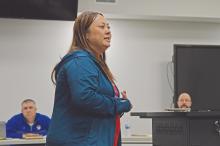 (THOMAS WALLNER | THE GRAHAM LEADER) Woodland Elementary School teacher Gina Beauchamp speaks Wednesday, Feb. 15 with the Graham ISD Board of Trustees to encourage them to approve a four-day calendar for the 2023-2024 school year.