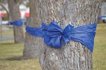 (ARCHIVE PHOTO | THE GRAHAM LEADER) Blue ribbons tied around trees at the Young County Courthouse in 2022 for Child Abuse Prevention and Awareness Month. Ribbons will be placed by Virginia’s House in Graham this week to raise awareness of child abuse.