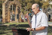 (THOMAS WALLNER | THE GRAHAM LEADER) Larry Fields speaks in November 2025 during a dedication ceremony for a plaque installed in front of the Graham Convention and Visitors Center honoring Vickie Little Milam-Milligan. 