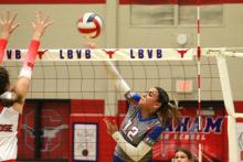 (TC GORDON | THE GRAHAM LEADER) Senior Olga Morales unloads a powerful kill shot in the face of a Glen Rose defender during Graham’s match against the Lady Tigers on Friday, Sept. 29. The Lady Blues fought hard but lost the game in three sets.