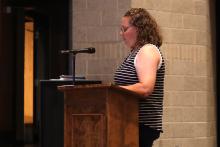 (THOMAS WALLNER | THE GRAHAM LEADER) Amanda Schupbach speaks during the public comment section of the Graham ISD Board of Trustees meeting Wednesday, May 13. Schupbach was advocating for the board to allow homeschool students to participate in UIL programs with GISD.