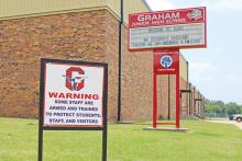 (FILE PHOTO | THE GRAHAM LEADER) The front of the Graham Junior High School campus with a sign displaying that some staff are armed and trained to protect students, staff and visitors. Following a school threat originating from social media, schools around the country and in Texas took action Friday, May 5, including Graham ISD.