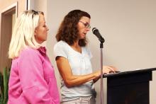 (THOMAS WALLNER | THE GRAHAM LEADER) Humane Society of Young County President Heather Allen (at left) and board member Leslie Singleton speak Oct. 7, 2025 with the Graham City Council regarding changes to a contract for animal services.