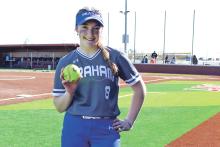 (MIKE WILLIAMS | THE GRAHAM LEADER) Lady Blues sophomore pitcher Zoey Harrell earned The Leader’s Athlete of the Week recognition for pitching a perfect game Friday, March 10 against Springtown in the Graham tournament. Harrell struck out eight of 12 batters she faced in the game.