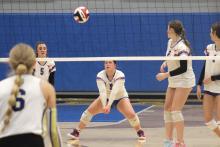 (ALEX HAVARDANKSY | THE GRAHAM LEADER) Hudson Wright goes down for a dig after a Brock serve Thursday, Oct. 2. Wright has been a consistent power hitter and presence on the team during the season.