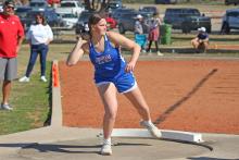 (TC GORDON | THE GRAHAM LEADER) Graham’s Addyson Weaver begins her shot put during one of the team’s meets earlier this season. The Graham teams recently competed at the Tarleton State Invitational last Thursday, Feb. 29.