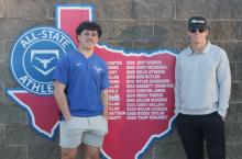 (ALEX HAVARDANSKY | THE GRAHAM LEADER) Tripp Mahaney, left, and Ryder Taylor, right, pose in front of their names on the All-State Baseball board. Mahaney and Taylor were the newest additions for the Steers after their run to the regional finals against Brock last season. 
