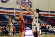 (ALEX HAVARDANSKY | THE GRAHAM LEADER) Maddyx Marin shoots a jumpshot Friday, Jan. 9 in a matchup against the Glen Rose Lady Tigers. Head coach Hunter Hayes said he is proud of the Lady Blues effort so far this season. 