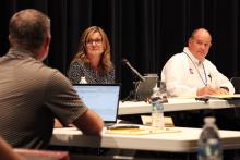 (THOMAS WALLNER | THE GRAHAM LEADER) Graham ISD held its board meeting Wednesday, May 10 at Graham High School and approved over $400,000 in fund balance purchases. Shown are Board President Andrea Lowery and GISD Superintendent Sonny Cruse.