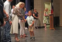 (THOMAS WALLNER | THE GRAHAM LEADER) Waylon Acosta is recognized by the Graham ISD Board of Trustees for being a student who has mastered 100 or more sight words in the 2022-2023 school year. Students from all campuses were recognized by the board Wednesday, May 10.