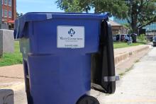(THOMAS WALLNER | THE GRAHAM LEADER) A polycart trash can from Waste Connections used by residents in Graham. New polycarts by KC Dumpsters will be delivered to existing customers during the week of Monday, Aug. 18 through Sunday, Aug. 31. 