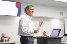 (ARCHIVE PHOTO | THE GRAHAM LEADER) Doug Williams speaks Thursday, June 13 with the Graham ISD Board of Trustees as a representative of Impact Education Specialists. IES was chosen Monday, June 17 as the search firm for a new superintendent for the district.