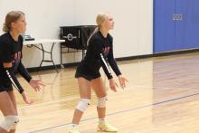 (ALEX HAVARDANSKY | THE GRAHAM LEADER) Members of the Lady Blues back row prepare for a serve Thursday, July 17. Coach Kendall Zimmerman said an area of improvement for the ninth grade Lady Blues is in communication.
