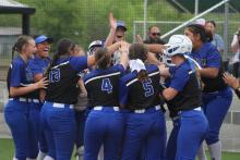 (ALEX HAVARDANSKY | THE GRAHAM LEADER) The Lady Blues separated after clinching a playoff berth Friday, April 18. The Lady Blues will look to have another strong season in 2026. 
