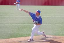 (ALEX HAVARDANSKY | THE GRAHAM LEADER) Case Etling up on the bump pitching for the Steers in the first inning Tuesday, April 22 against the Glen Rose Tigers. The pitching staff ran into some trouble early but they showed fight in the Steers 7-5 loss. 