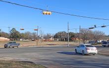 (THOMAS WALLNER | THE GRAHAM LEADER) Traffic lights at the intersection of Elm Street and Brazos Street which are set to flash currently as the Texas Department of Transportation awaits materials to complete repairs on the camera sensors.