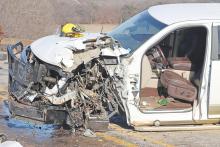 (THOMAS WALLNER | THE GRAHAM LEADER) A 2016 Ram 1500 truck driven by George Allen Warren, of Graham,  that was involved in a three-vehicle wreck Thursday, Jan. 23 at the FM 1287 bridge south of Old Bunger Road. The vehicle was struck from behind and hit equipment on another vehicle in front.