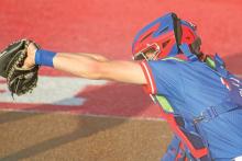 (ALEX HAVARDANSKY | THE GRAHAM LEADER) Tripp Mahaney behind the dish at catcher Tuesday, April 22 against the Glen Rose Tigers. Head coach Allen McGee praised Mahaney and Ryder Taylor’s relationship as part of why they are such a dynamic duo.