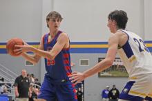 (ALEX HAVARDANSKY | THE GRAHAM LEADER) Nick Wankowicz takes the ball on offense Friday, Jan. 18 against the Brock Eagles. The Steers fought valiantly in their district opener but fell 61-37. 