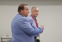(THOMAS WALLNER | THE GRAHAM LEADER) Graham Junior High School Principal Sam Perry and Graham High School Principal Joe Gordy discussed the cellphone procedures at each campus during the board meeting Wednesday, Sept. 11. 