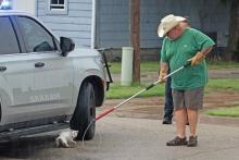 (THOMAS WALLNER | THE GRAHAM LEADER) Animal Control Officer Mike Watts picks up a cat at Second and Tennessee Street. The city of Graham temporarily amended its ordinance regarding a three-day hold of feral cats at the Humane Society of Young County. 