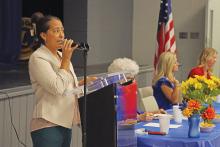 (THOMAS WALLNER | THE GRAHAM LEADER) Graham Area United Way President Ruby Jernigan speaks at the kickoff luncheon for the 2024-2025 fundraising campaign held Friday, Sept. 20 at North Central Texas college. The fundraising goal for this year is $100,000.