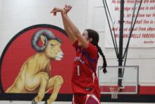 (ALEX HAVARDANSKY | THE GRAHAM LEADER) Addison Gober shoots a jump shot Thursday, Jan. 22 against the Mineral Wells Lady Rams. Gober hit a pair of clutch threes in the second quarter to tie the score at 22-all going into halftime. 