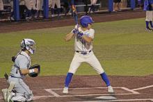 (ALEX HAVARDANSKY | THE GRAHAM LEADER) The bottom of the third inning is where things started churning for the Steers offensively in their Friday, March 28 matchup against the Brock Eagles. Harison Brockway would kick off the scoring in this inning. 