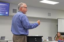 (THOMAS WALLNER | THE GRAHAM LEADER) Chief of Student Services Joe Gordy speaks Tuesday, Aug. 12 with the GISD Board of Trustees. Gordy spoke on local policy changes recommended by the Texas Association of School Boards.